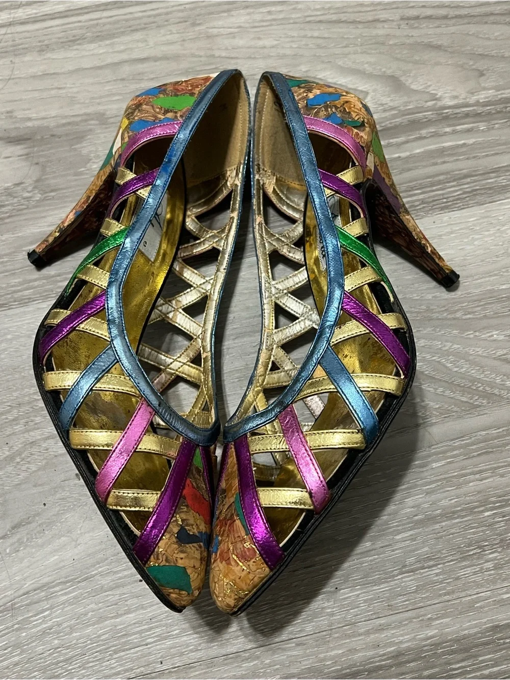 Adora Vintage Metallic Heels Strappy  Cork Mosaic Size 7 M  Colorful Shoes Y2K